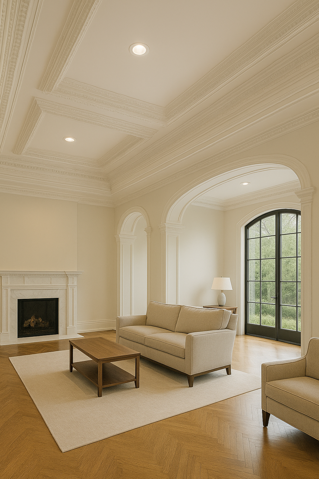 Crown Moulding Installation in Vaughan – Elegant Custom Trim and Coffered Ceilings Elegant living room in Vaughan with custom crown moulding installation, detailed coffered ceiling, and luxury trim work around fireplace and windows.
