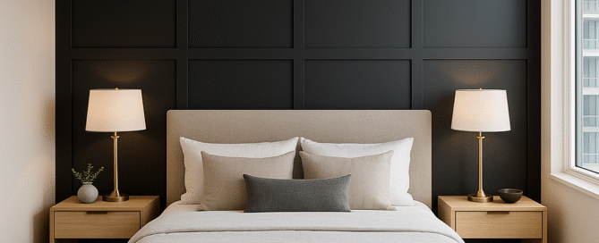 modern wainscoting design installed in a toronto condo master bedroom sohwing board and batten wall paneling for small spaces