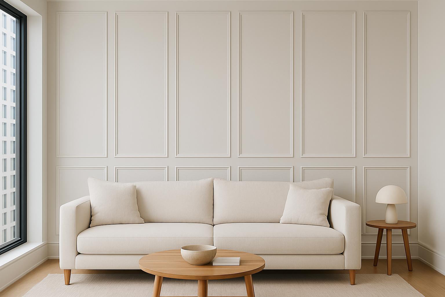 Modern wainscoting installation in a bright Toronto condo living room featuring minimalist wall paneling and neutral interior design.