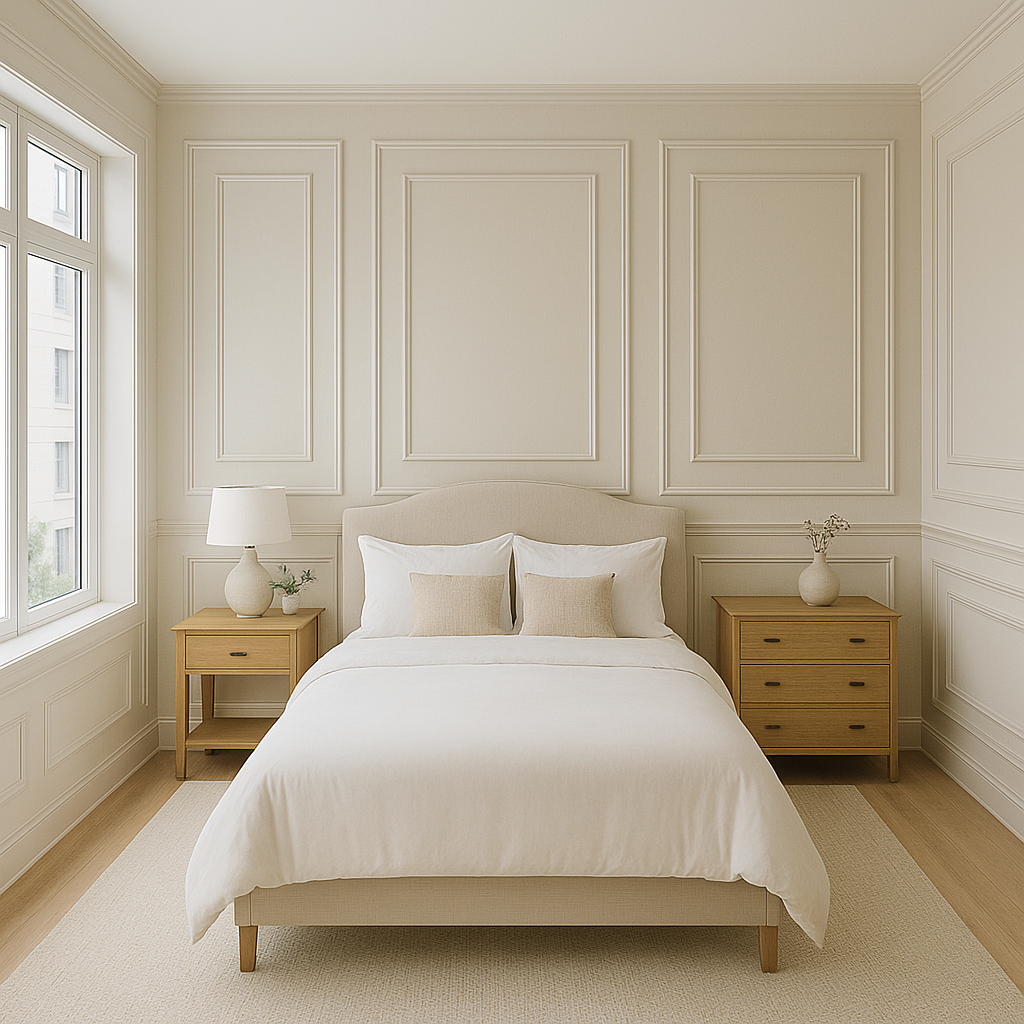 Elegant picture frame wainscoting with rectangular wall trim in a Toronto condo bedroom, painted white for a timeless modern look.