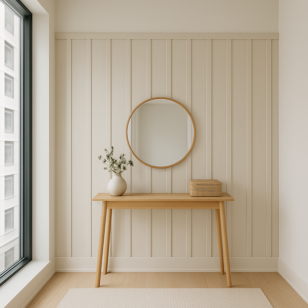 Vertical board and batten wainscoting in a modern Toronto condo hallway, designed to make low ceilings appear taller and rooms more open.